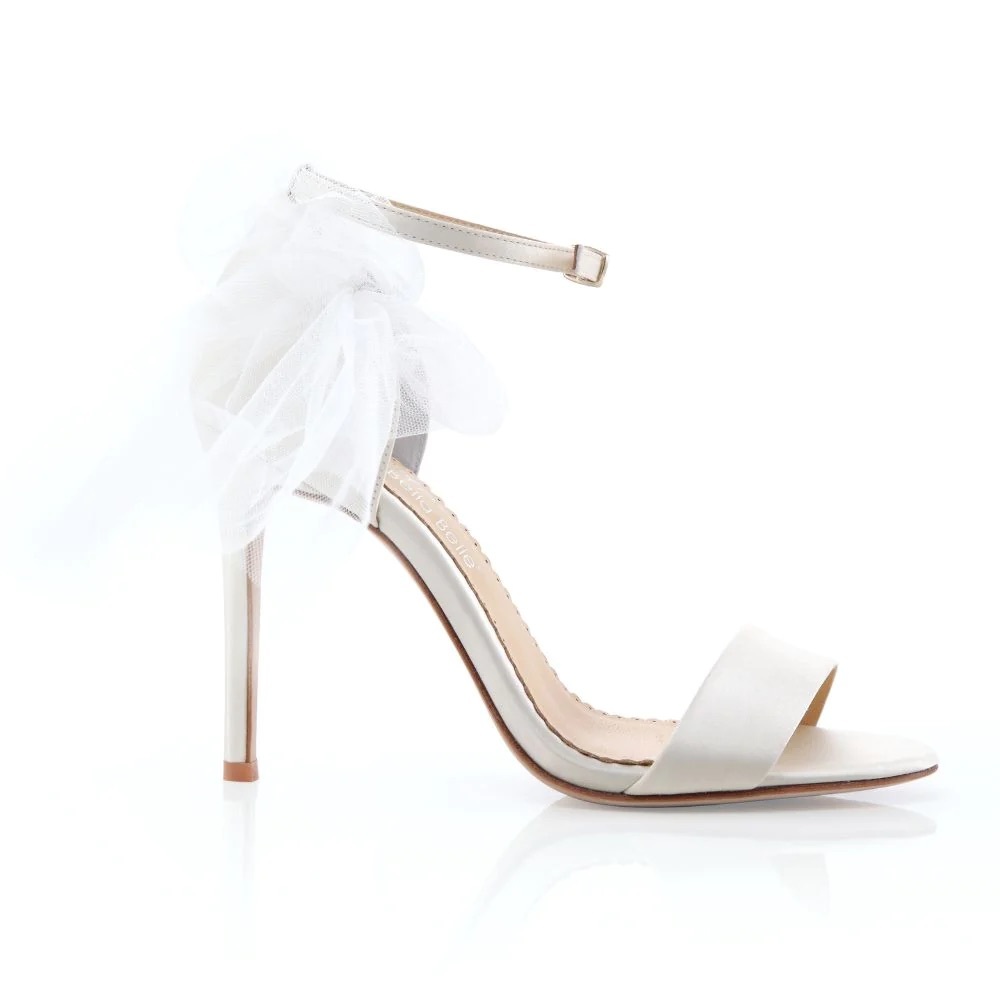Elegant White Ankle-Strap Stiletto Sandals with Tulle Accent